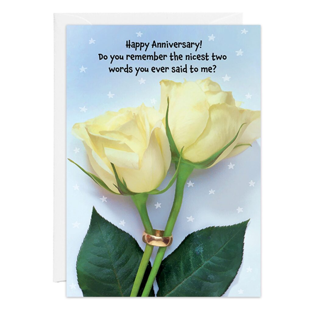 9448.jpg shows two yellow roses with green leaves on an anniversary card. A gold ring is on one stem. The card says "Happy Anniversary! Do you remember the nicest two words you ever said to me?" White stars on a light blue background.