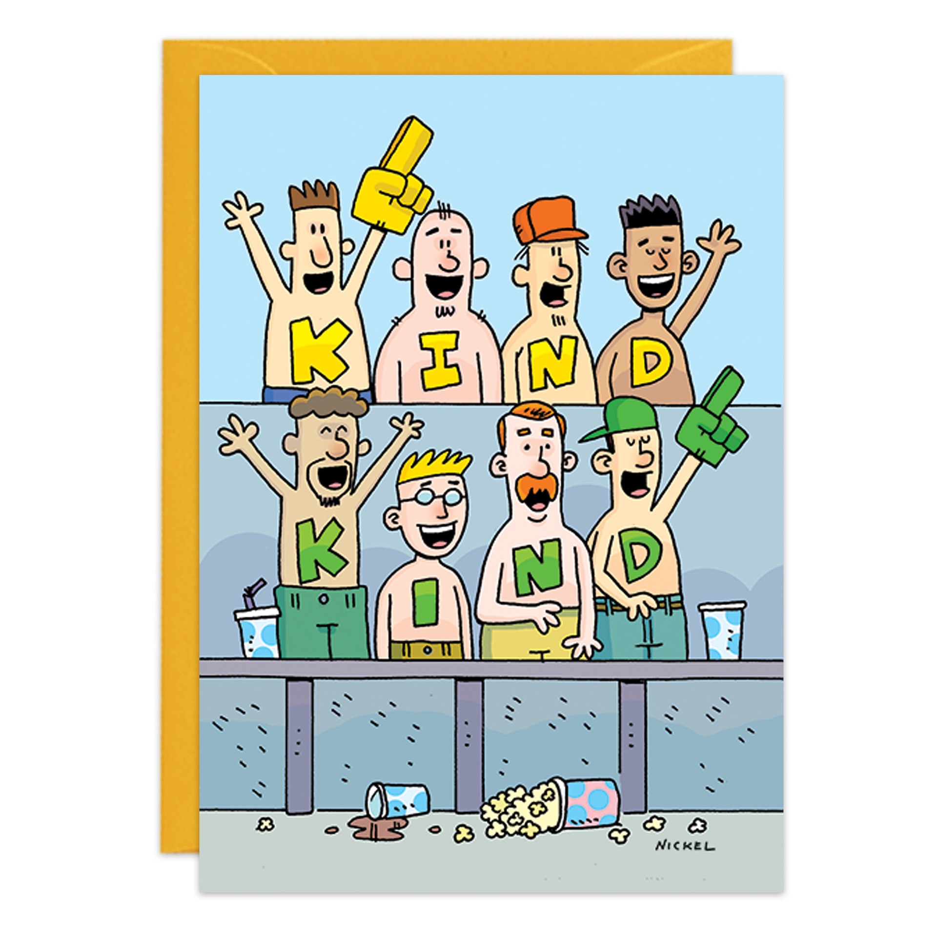 Cartoon of six men at a stadium, each with a chest letter spelling "Two Kind" in two rows. Foam fingers raised, popcorn and drinks on the ground. Ideal for thank you cards. Product: 9449.jpg.