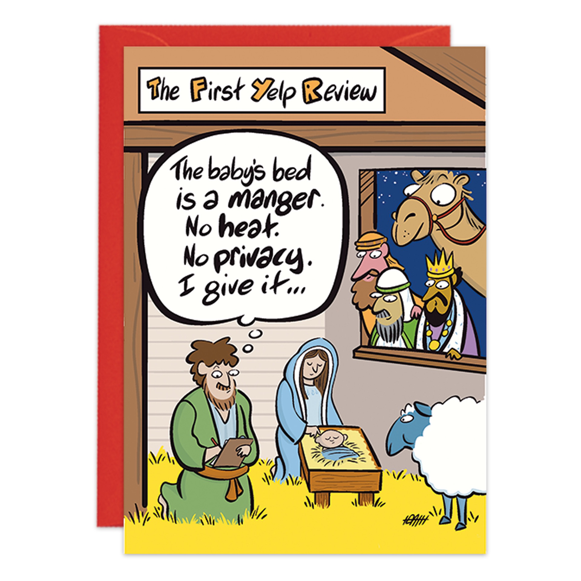 A cartoon Christmas card, 9451.jpg, shows Mary, Joseph, and baby Jesus in a manger. Joseph writes a Yelp review: "The baby's bed is a manger. No heat. No privacy. I give it..." Animals and onlookers gather nearby.