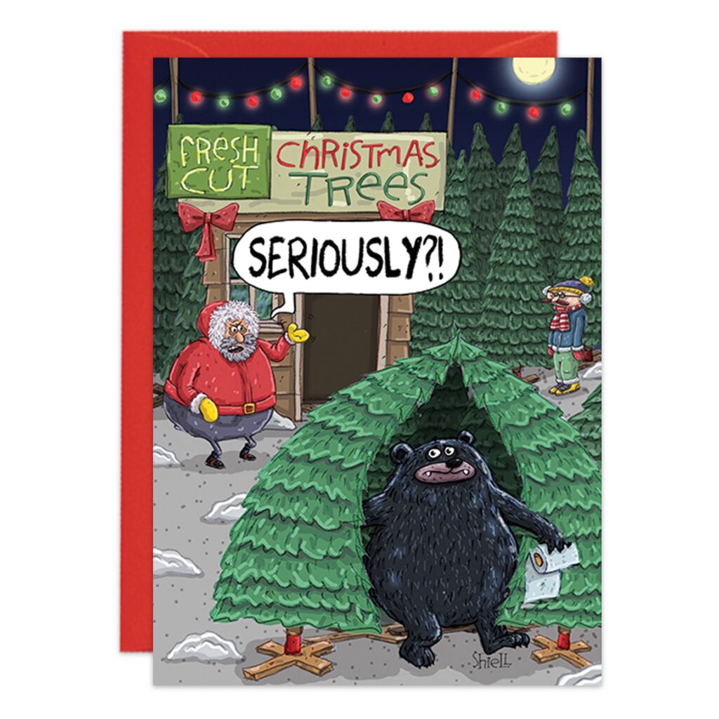 9452.jpg: A fun Christmas card cartoon—Santa at a Fresh Cut Christmas Trees lot, surprised to see a bear using a tree as a restroom with toilet paper, while a child and snowy trees add to the festive scene.