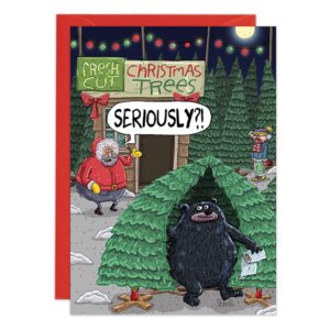 The cartoon "9452.jpg" features Santa at a Fresh Cut Christmas Trees lot, shocked as a bear uses a tree for a bathroom break. A boy and his dog watch under festive lights while Santa exclaims, "Seriously?!.