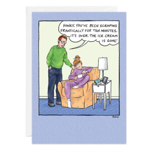 A woman sits on an armchair scraping an empty 9456 container with a spoon, surrounded by cartons and her phone. A man stands beside her saying, “Honey, you’ve been scraping for ten minutes. It’s gone—the 9456 is finished!”.