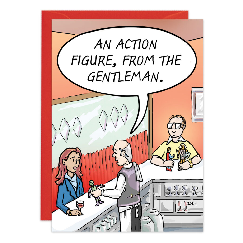 A bartender gives a woman an action figure, saying, "9461, from the gentleman," while a man at the bar with more figures watches—it's like getting a Gentleman Birthday Card, but with toys.