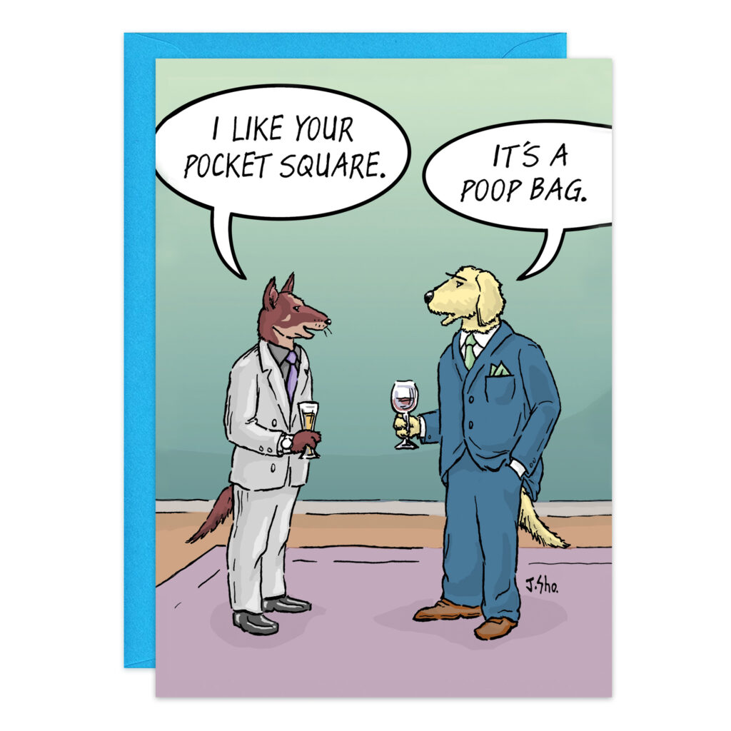 Two stylish dogs in suits chat at a party. One admires the other's pocket square—it's a poop bag! They hold drinks on a rug, with a blue envelope placed behind Birthday Card 9462.