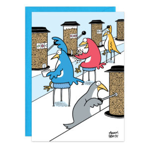 Cartoon featuring birds seated at stools, dining from large bird feeders like customers at a diner, with product 9470 and a blue envelope in the background.