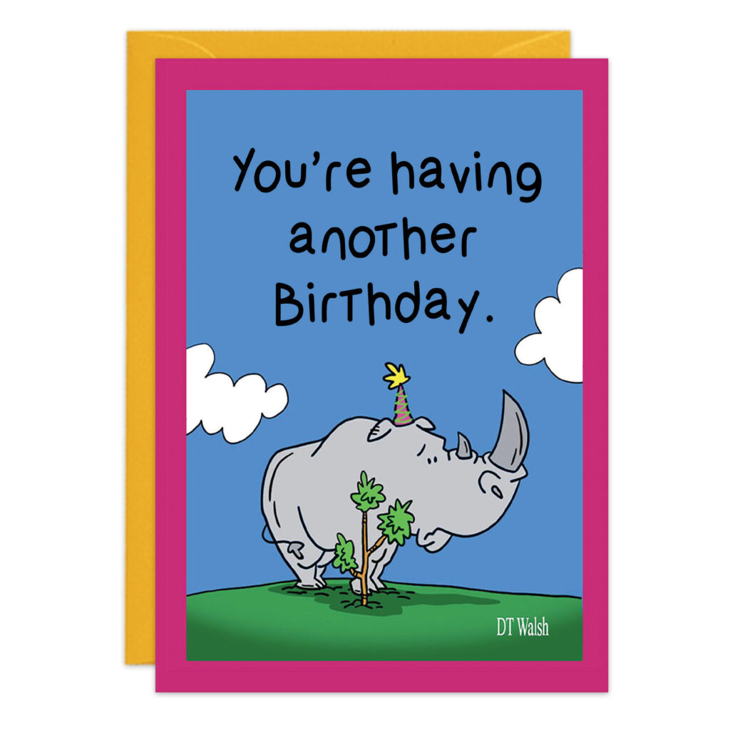 Product 9471: A cartoon rhino in a party hat peeks from behind a bush on grassy ground. The birthday card says "No Sense Trying To Hide—You’re having another Birthday!" with a blue sky, white clouds, and a pink border.