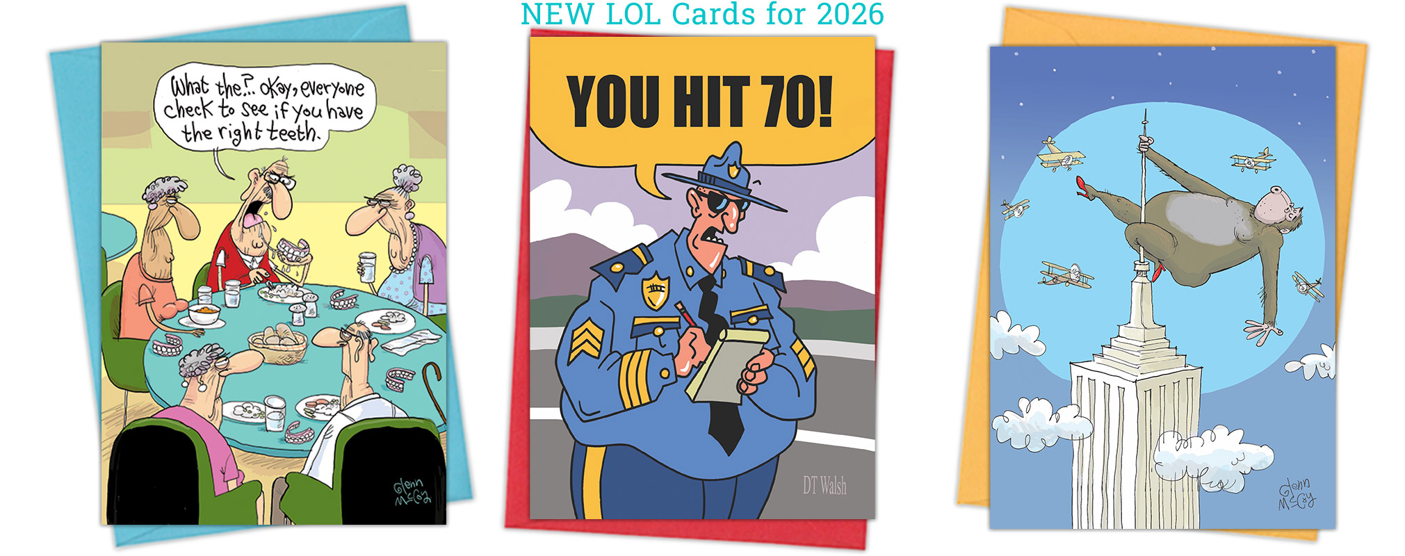 Three colorful cartoons by glenn-mccoy: an airport security line, a man arguing with an angry pie, and a restroom scene with someone holding foam fingers labeled #1 and #2 over the stalls.