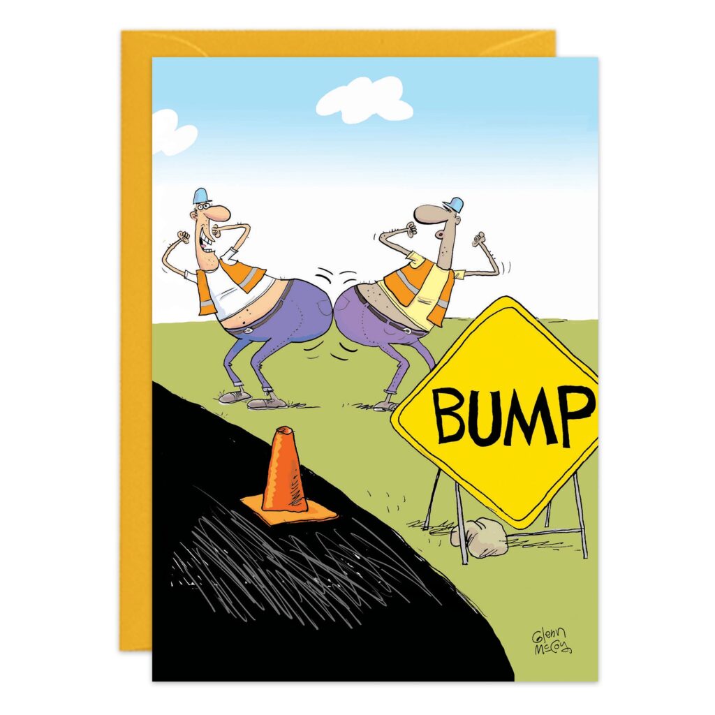 A cartoon for product 9482 shows two construction workers with oversized backsides beside a BUMP road sign and a traffic cone on black pavement, playfully implying their rears are the bump.