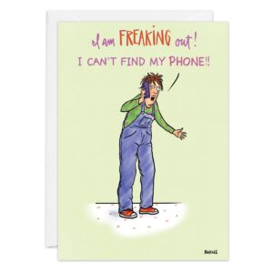 A cartoon person in overalls, looking stressed, holds a phone to their ear and says, "I am FREAKING out! I CANT FIND MY PHONE!!" Product Name: 9483.