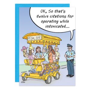 Cartoon of people drinking and pedaling a large, yellow pedal bar named 9484. A police officer stands beside them, saying, "OK, so that's twelve citations for operating while intoxicated...
