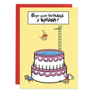 Greeting card 9487 features a cartoon of someone diving into a cake shaped like a pool, with lounge chairs and umbrella beside it. The text: “Hope your birthday’s a splash!”.