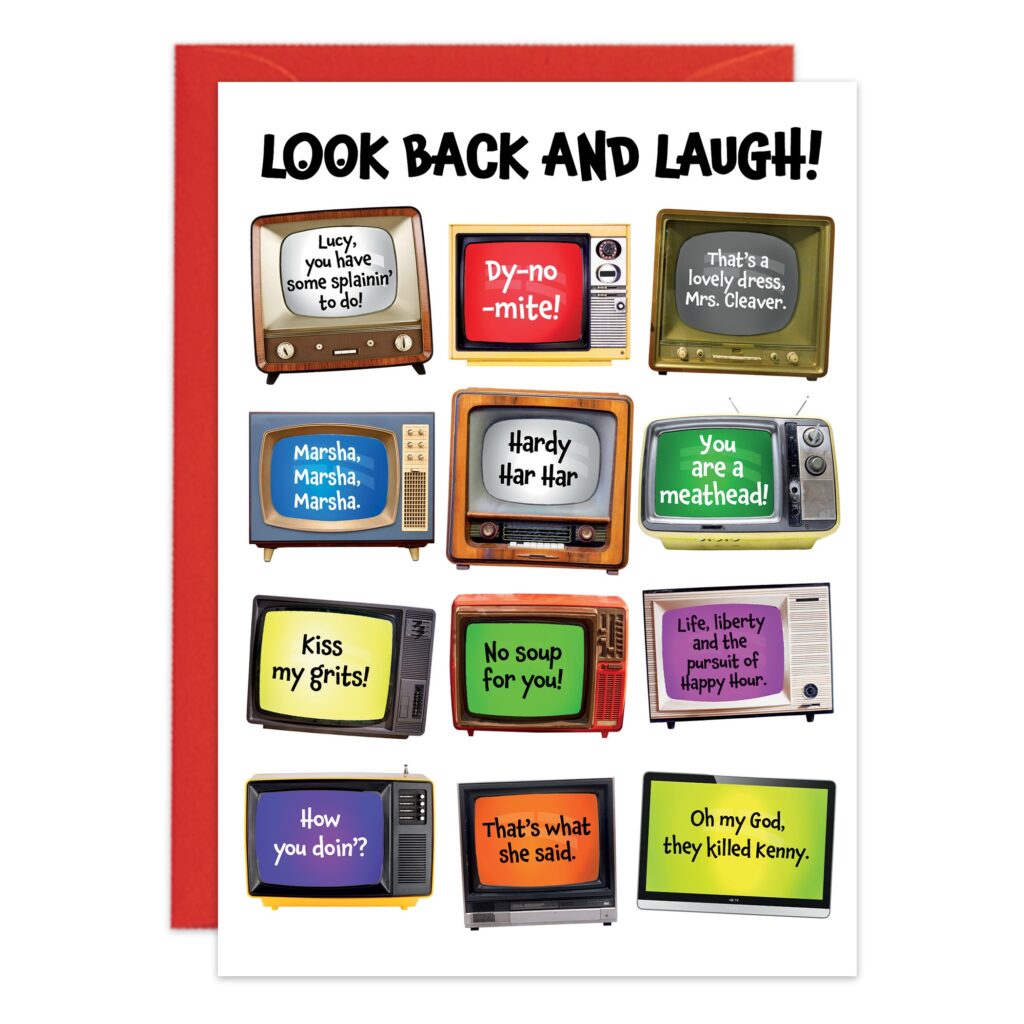 Greeting card 9488 features retro TVs with classic sitcom quotes like “Lucy, you have some splainin’ to do!” and “No soup for you!” on a white background, paired with a red envelope.