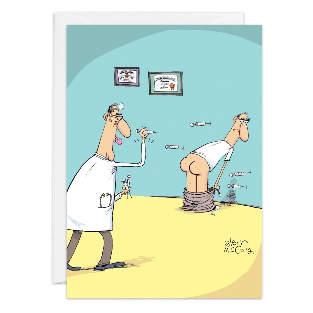 A cartoon of product 9491 shows a doctor about to give an injection to a patient’s exposed backside, with several syringes already sticking out.