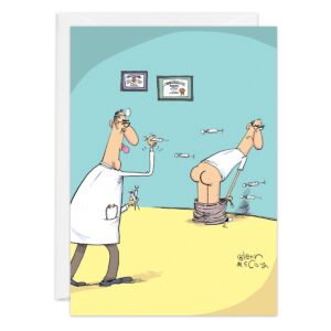 A cartoon of product 9491 shows a doctor about to give an injection to a patient’s exposed backside, with several syringes already sticking out.