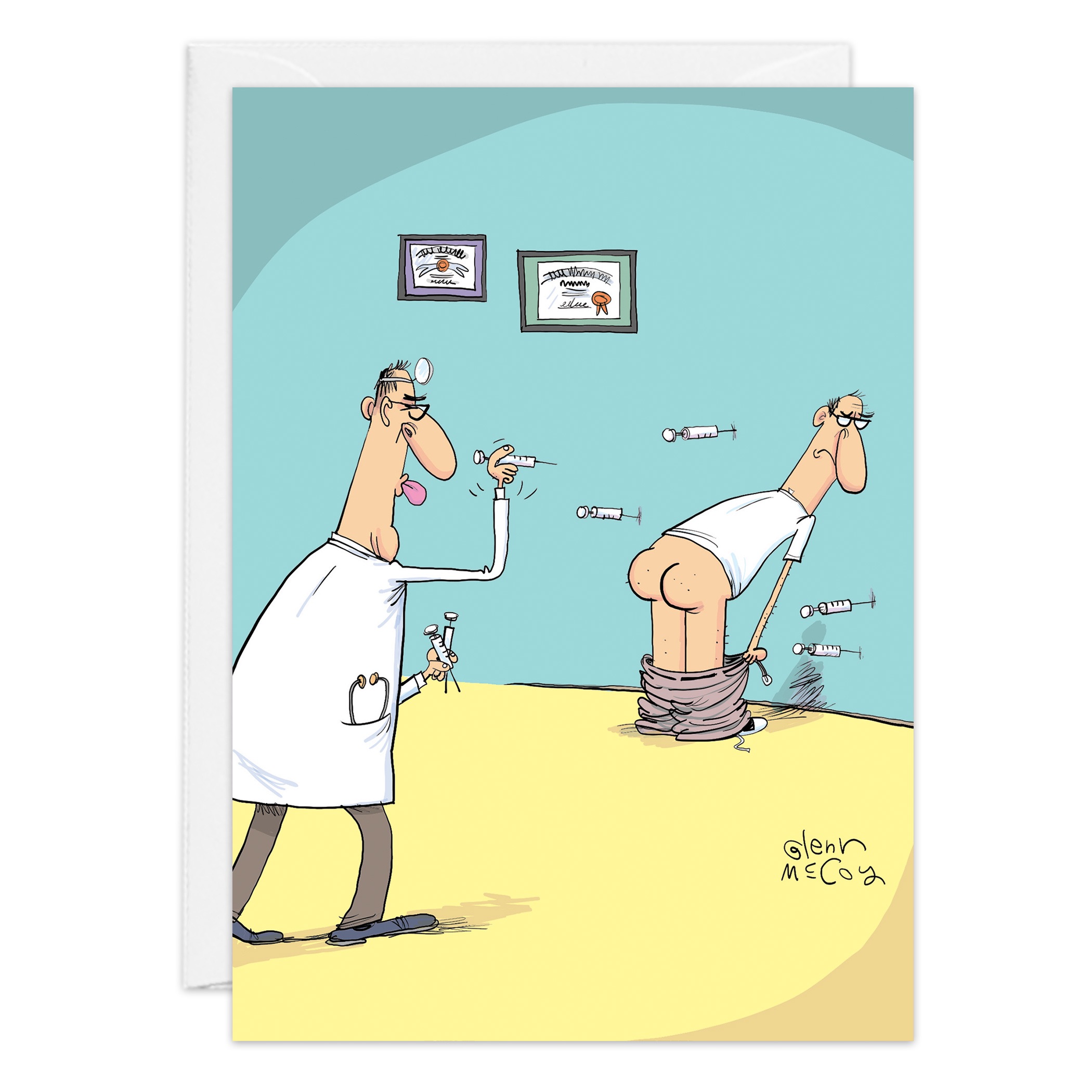 A cartoon of product 9491 shows a doctor about to give an injection to a patient’s exposed backside, with several syringes already sticking out.