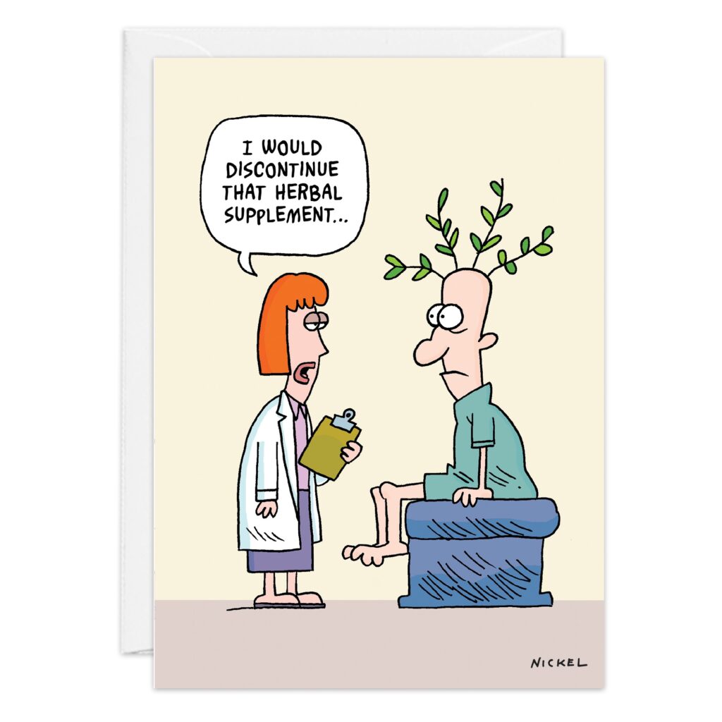 A cartoon of a doctor talking to a patient with branches growing from his head. The doctor says, "I would discontinue 9492.