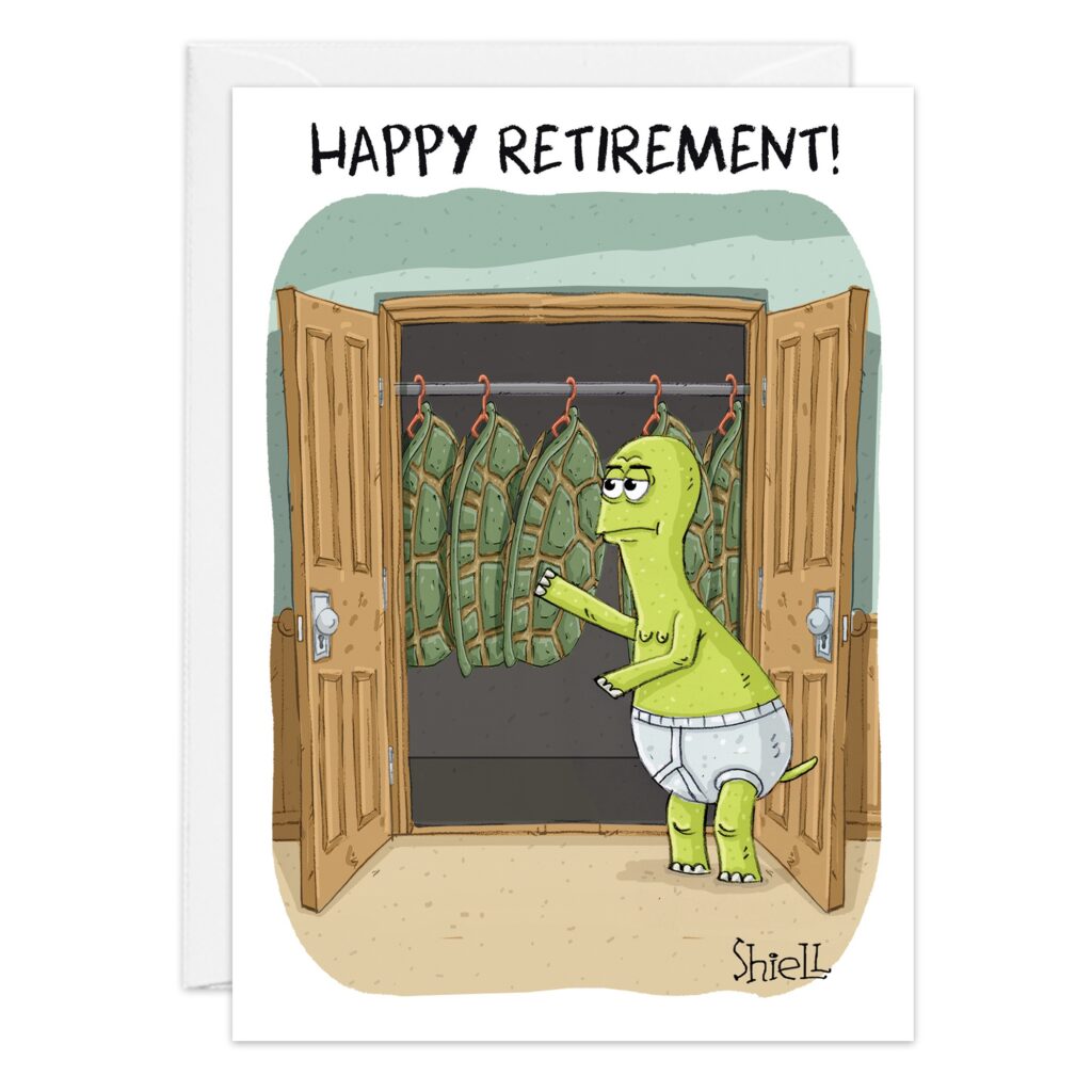 Cartoon shows a green dinosaur in underwear opening double doors to a closet filled with dinosaur costumes. "HAPPY RETIREMENT!" is written at the top. Product Name: 9493.
