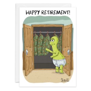 Cartoon shows a green dinosaur in underwear opening double doors to a closet filled with dinosaur costumes. "HAPPY RETIREMENT!" is written at the top. Product Name: 9493.