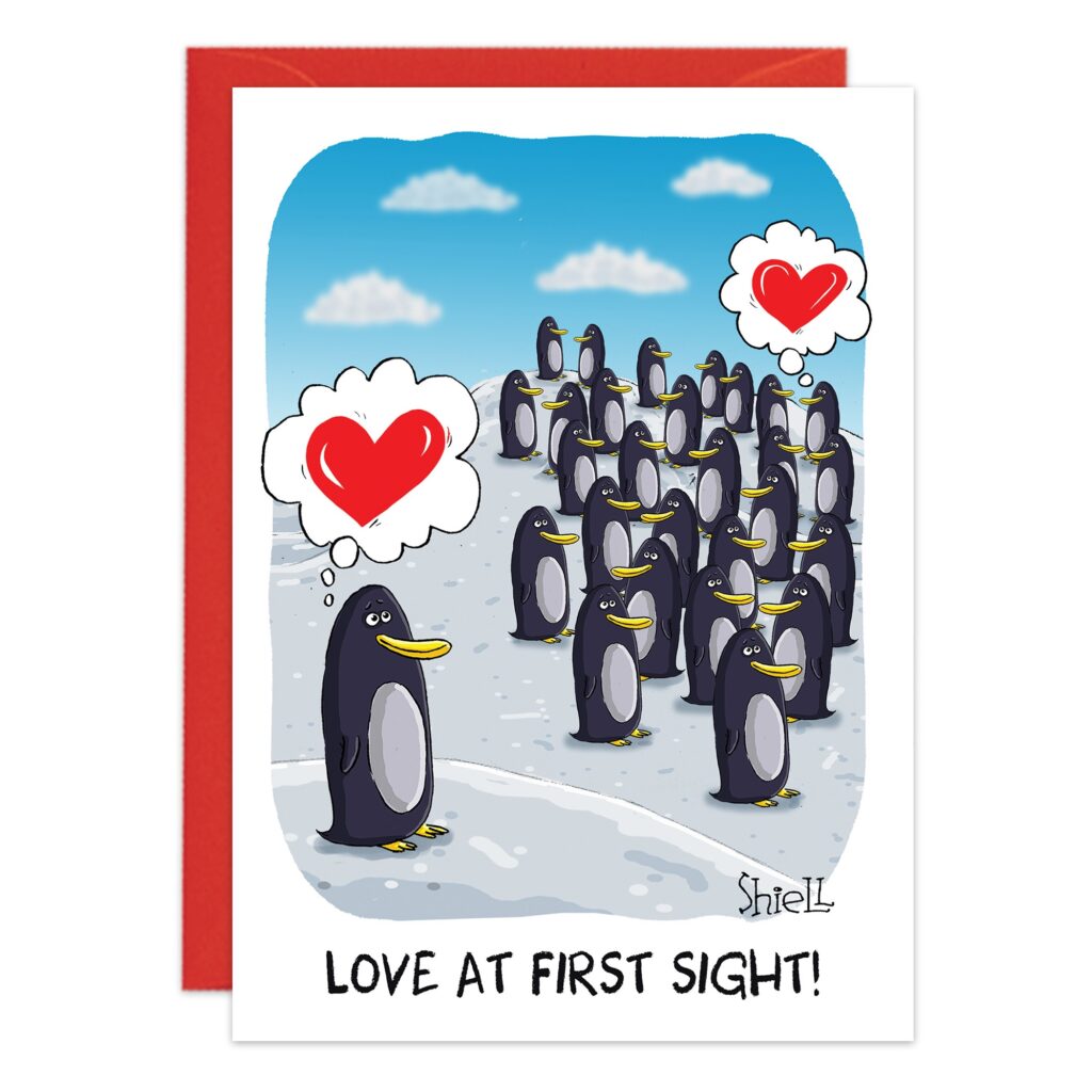Cartoon of penguins on ice: two in front share heart thought bubbles, gazing at each other as others watch. Text at the bottom reads “LOVE AT FIRST SIGHT!”. Product name: 9494.