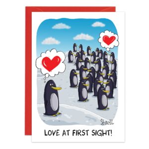 Cartoon of penguins on ice: two in front share heart thought bubbles, gazing at each other as others watch. Text at the bottom reads “LOVE AT FIRST SIGHT!”. Product name: 9494.
