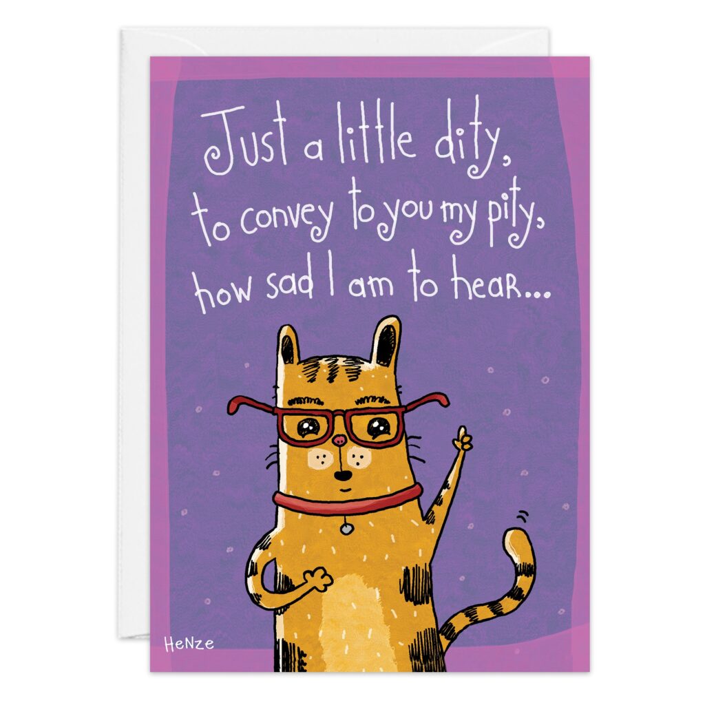 Illustration of 9495, a cat with red glasses and a collar, raising one paw on a purple background. Above, the text says: Just a little ditty, to convey to you my pity, how sad I am to hear...