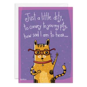 Illustration of 9495, a cat with red glasses and a collar, raising one paw on a purple background. Above, the text says: Just a little ditty, to convey to you my pity, how sad I am to hear...