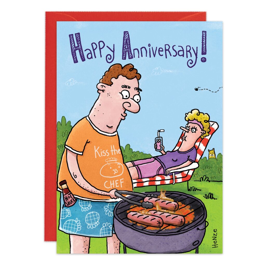 Cartoon of a man in a "Kiss the Chef" shirt grilling sausages, holding a drink. A woman lounges nearby with her drink. Above them, text says "Happy Anniversary!". Product: 9496.