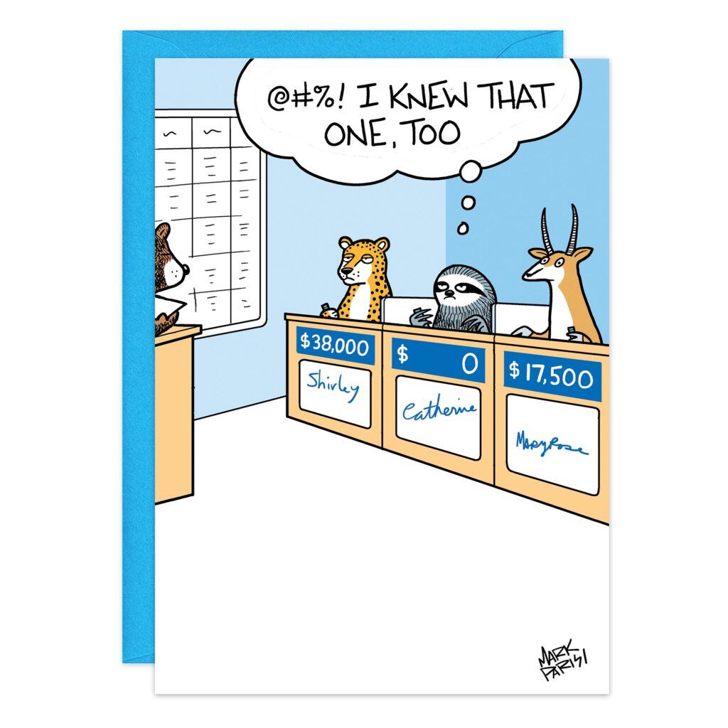 A cartoon shows three animals as game show contestants. The cheetah leads with $38,000, the sloth has $0 and thinks "@#%! I knew that one, too," and the antelope has $17,500. The scene is titled 9497.