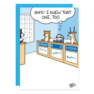 A cartoon shows three animals as game show contestants. The cheetah leads with $38,000, the sloth has $0 and thinks "@#%! I knew that one, too," and the antelope has $17,500. The scene is titled 9497.