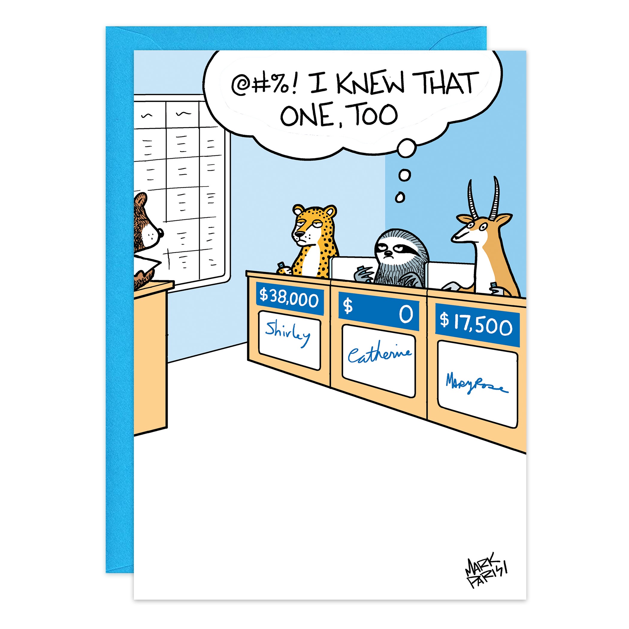 A cartoon shows three animals as game show contestants. The cheetah leads with $38,000, the sloth has $0 and thinks "@#%! I knew that one, too," and the antelope has $17,500. The scene is titled 9497.