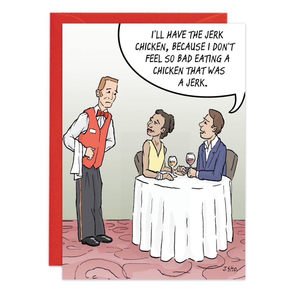A cartoon shows a couple at a restaurant table ordering food. The man tells the waiter, I’ll have the 9498, because I don’t feel so bad eating something with that name.