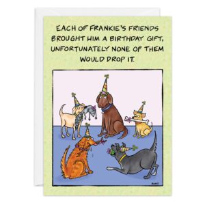 Five dogs in party hats each hold a 9499 toy in their mouths, facing a sign that says: “Each of Frankie’s friends brought him a 9499 for his birthday, but none would drop it.”.