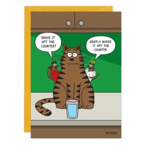 Cartoon of a cat by a glass of water on a counter. A devil cat says, “Shove it off the counter!” An angel cat says, “Gently nudge it off the counter.” The 9501 cat looks undecided.