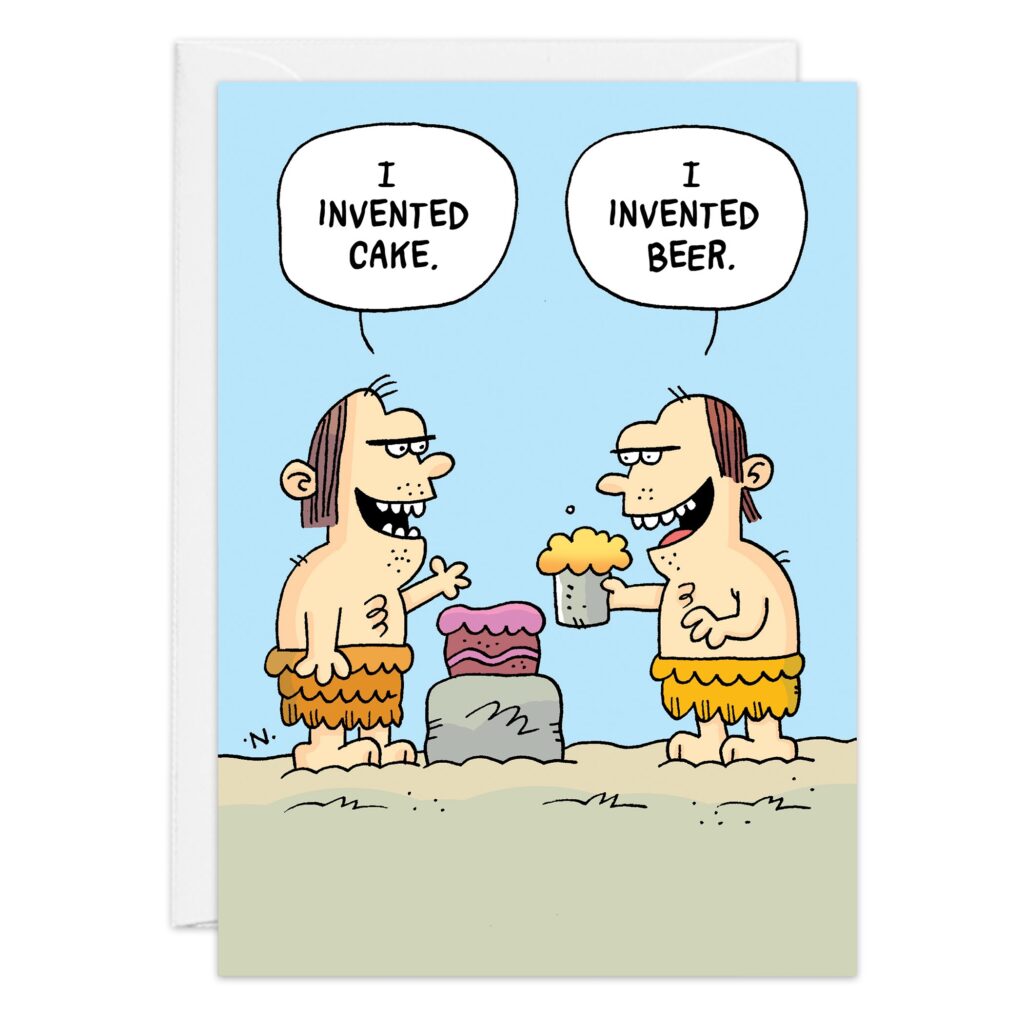 Cartoon of two smiling cavemen in ragged clothes on grass under a blue sky; one holds a cake and says, "I invented cake," while the other with a foaming mug replies, "I invented beer." Product Name: 9503.