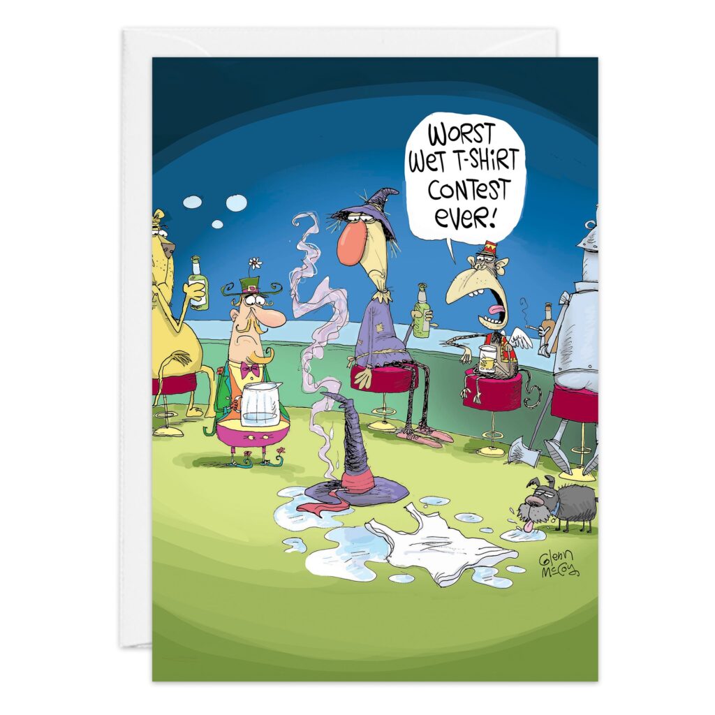 A group of birds in hats and swimsuits sit at a bar, while a drenched vulture in a sagging wet T-shirt stands center. One bird remarks, "Worst wet T-shirt contest ever!" Scattered drinks surround them. Product: 9507.