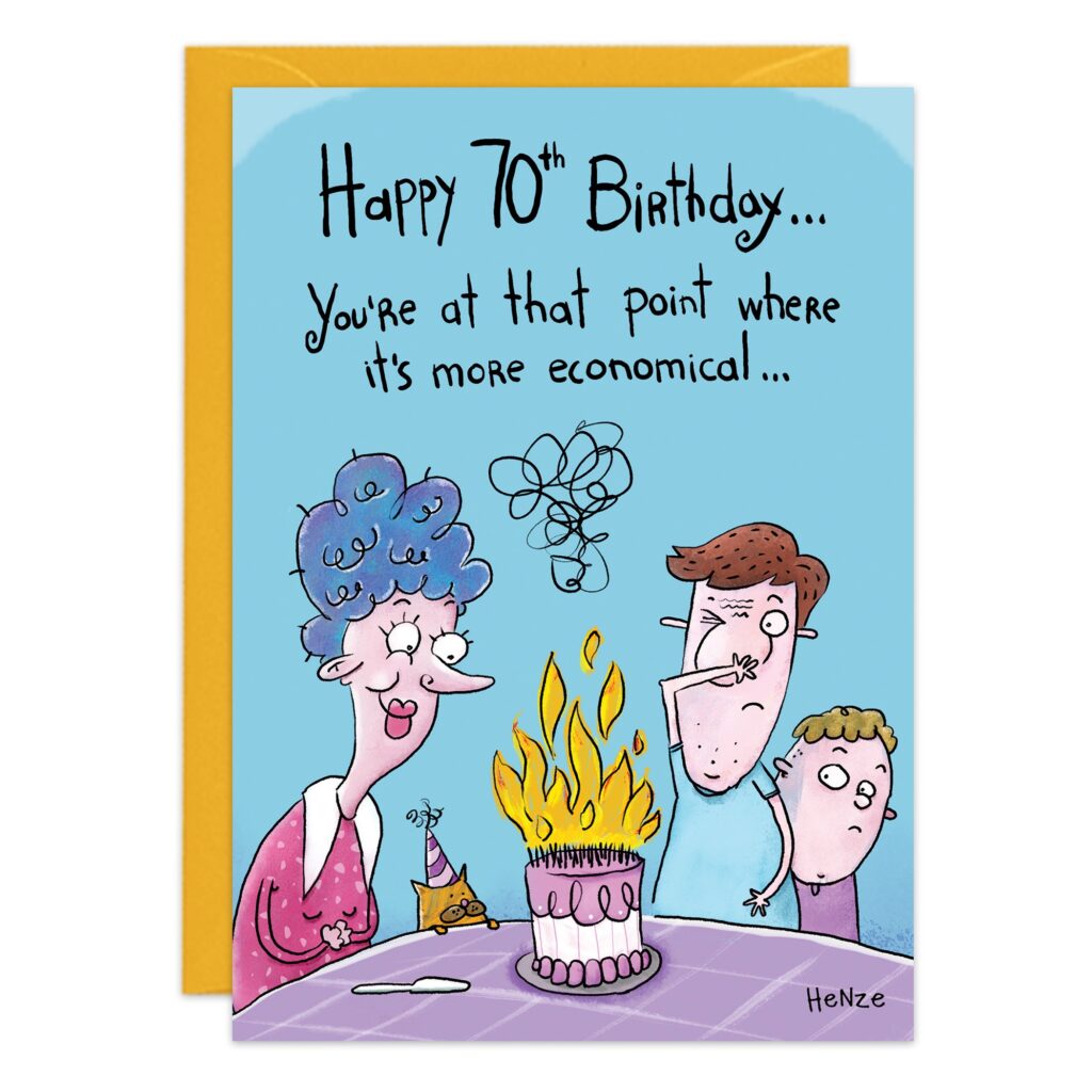 Greeting card 9510 features a cartoon of three people at a table with a flaming birthday cake. It reads: "Happy 70th Birthday... You're at that point where it's more economical..." Blue background, envelope included.