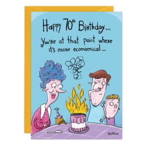 Greeting card 9510 features a cartoon of three people at a table with a flaming birthday cake. It reads: "Happy 70th Birthday... You're at that point where it's more economical..." Blue background, envelope included.