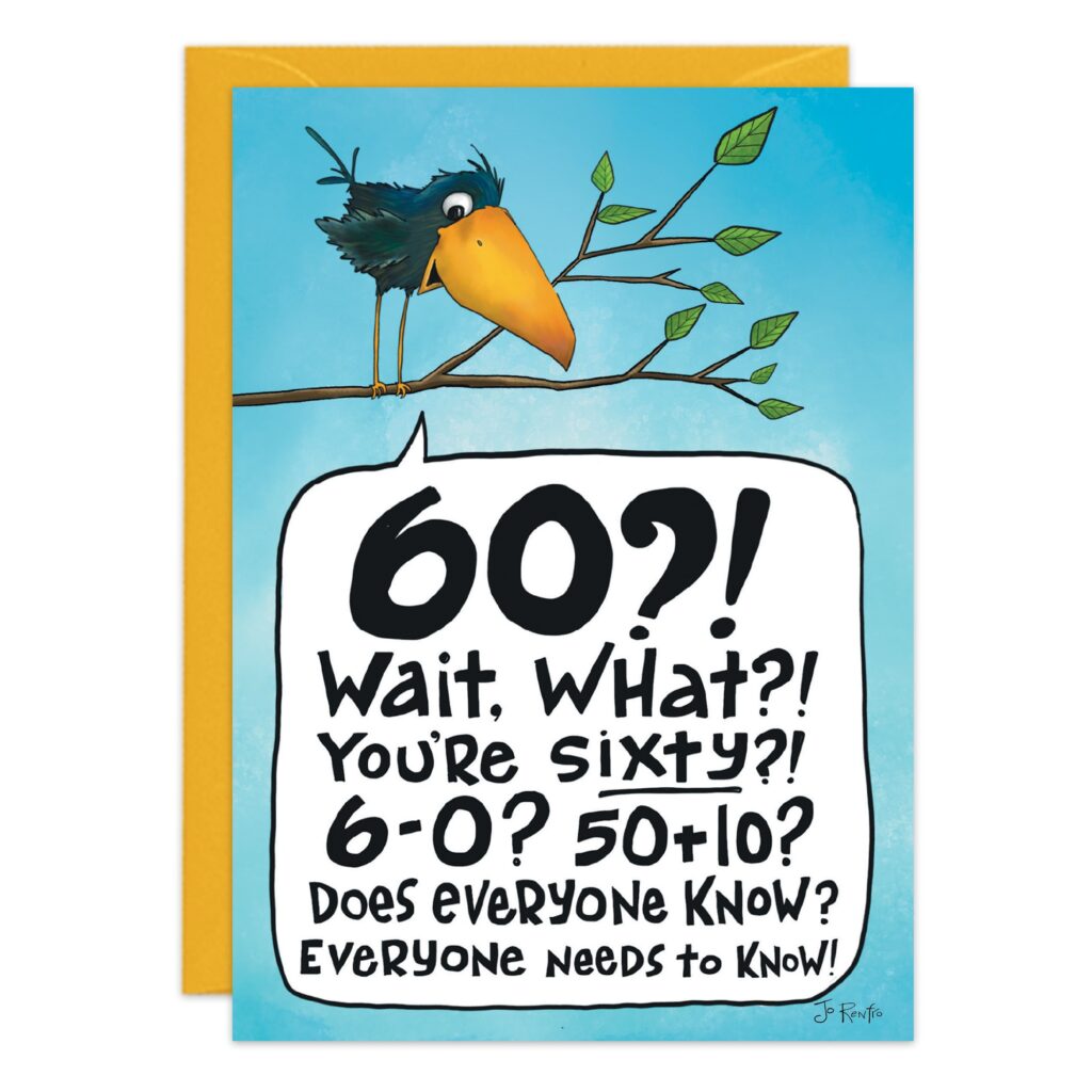 A cartoon bird perches on a branch, surprised by a speech bubble exclaiming "60?! Wait, what?!" The scene is set against a blue background with a yellow envelope. Product: 9513.